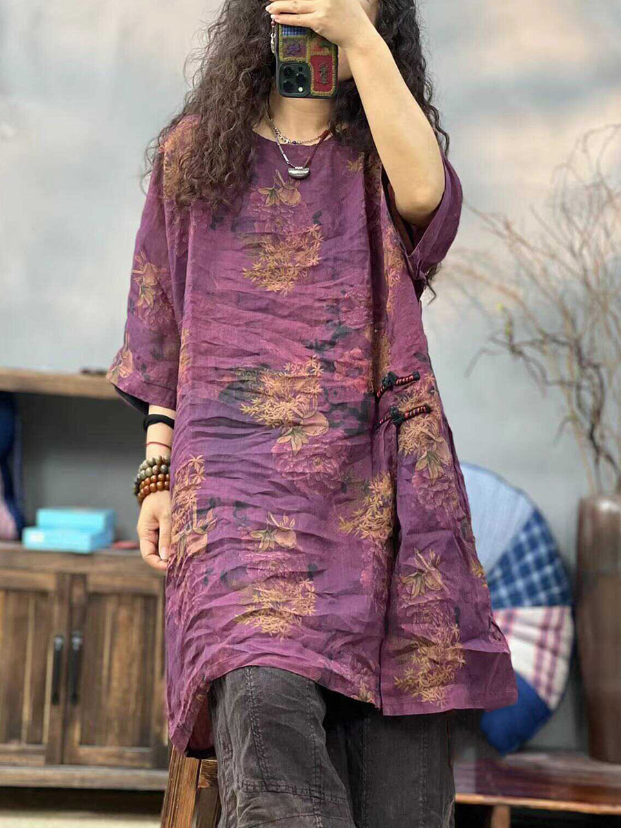 Women Summer Ethnic Print O-Neck Split Hem Shirt PP1003 LZYC