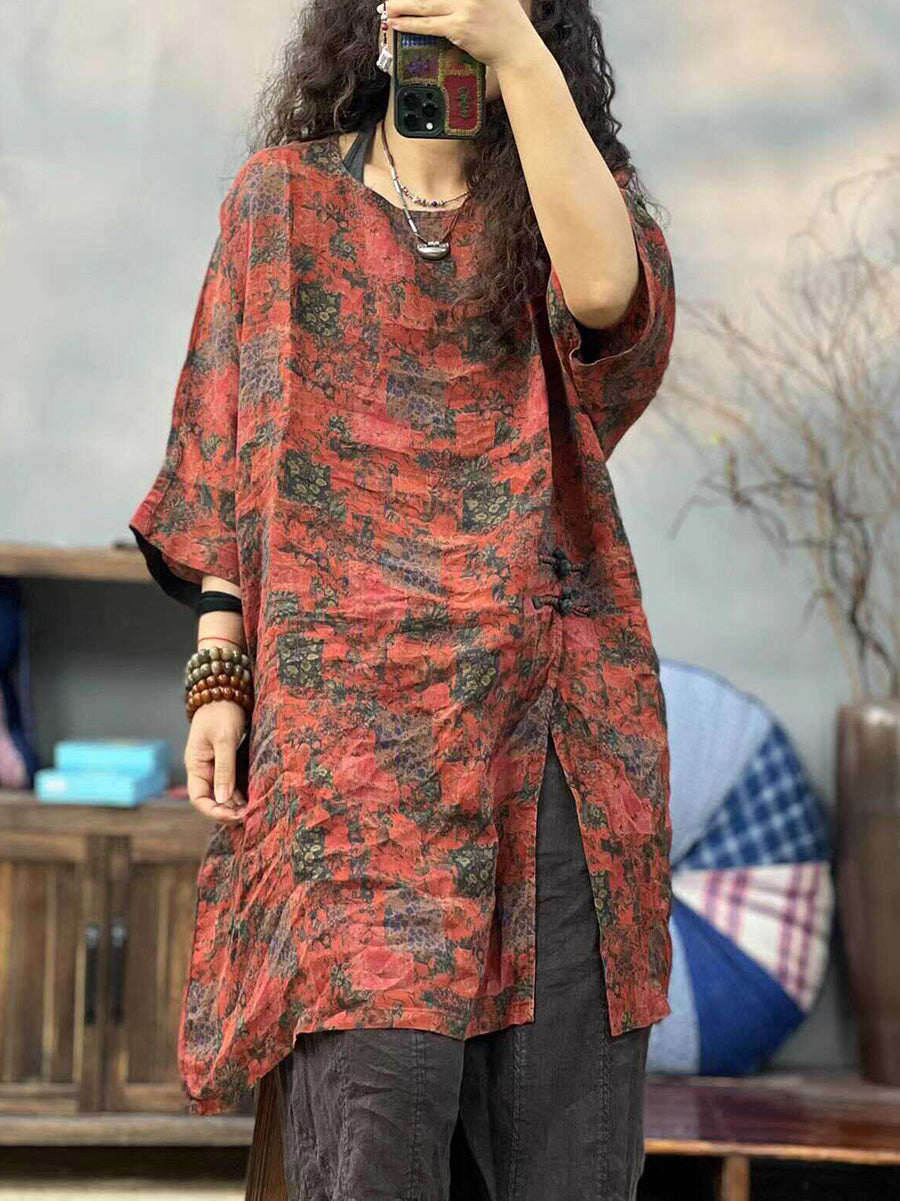 Women Summer Ethnic Print O-Neck Split Hem Shirt PP1003 LZYC