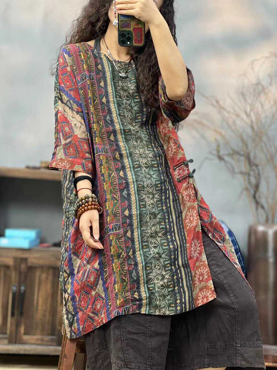 Women Summer Ethnic Print O-Neck Split Hem Shirt PP1003 LZYC