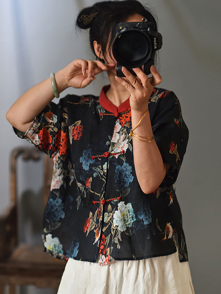 Women Summer Vintage Flower Spliced Button Ramie Shirt PP1004 QYMM