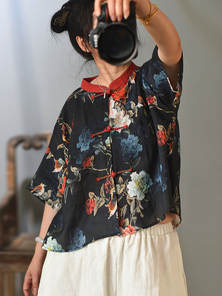 Women Summer Vintage Flower Spliced Button Ramie Shirt PP1004 QYMM