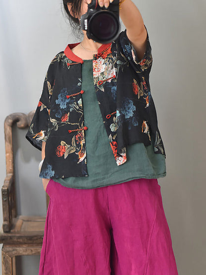 Women Summer Vintage Flower Spliced Button Ramie Shirt PP1004 QYMM