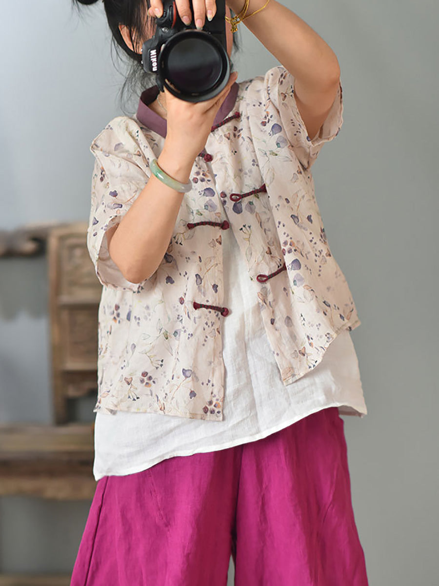 Women Summer Vintage Flower Spliced Button Ramie Shirt PP1004 QYMM