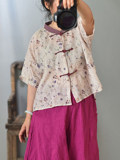Women Summer Vintage Flower Spliced Button Ramie Shirt PP1004 QYMM