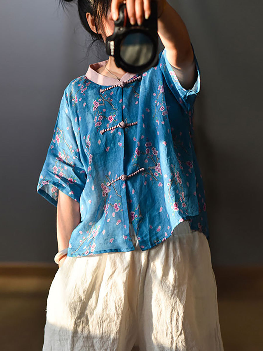 Women Summer Vintage Flower Spliced Button Ramie Shirt PP1004 QYMM