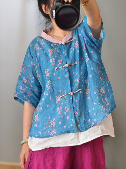 Women Summer Vintage Flower Spliced Button Ramie Shirt PP1004 QYMM