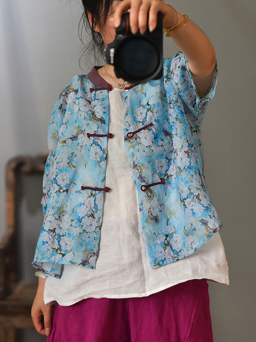 Women Summer Vintage Flower Spliced Button Ramie Shirt PP1004 QYMM