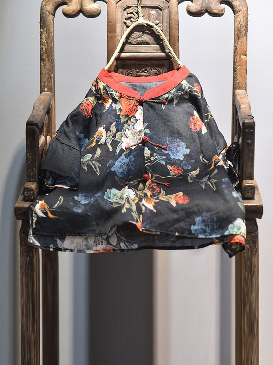 Women Summer Vintage Flower Spliced Button Ramie Shirt PP1004 QYMM