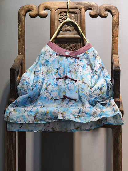 Women Summer Vintage Flower Spliced Button Ramie Shirt PP1004 QYMM
