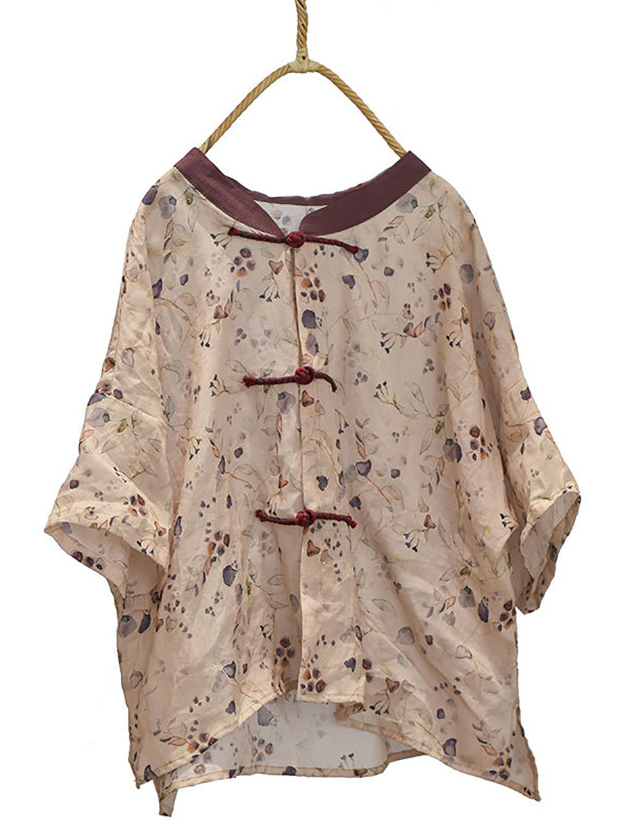 Women Summer Vintage Flower Spliced Button Ramie Shirt PP1004 QYMM