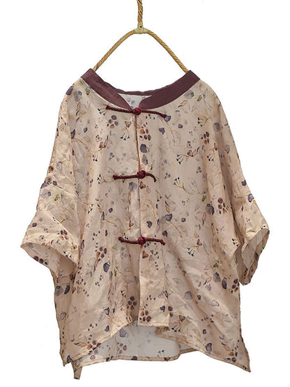 Women Summer Vintage Flower Spliced Button Ramie Shirt PP1004 QYMM