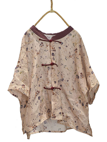 Women Summer Vintage Flower Spliced Button Ramie Shirt PP1004 QYMM