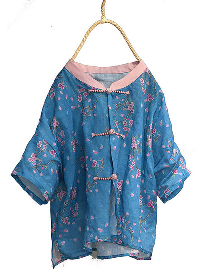 Women Summer Vintage Flower Spliced Button Ramie Shirt PP1004 QYMM