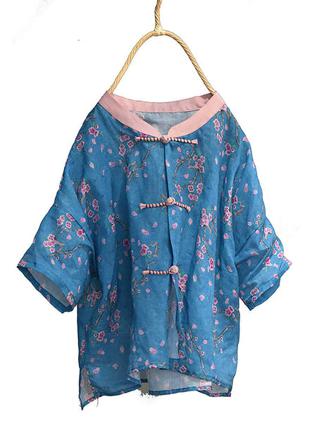 Women Summer Vintage Flower Spliced Button Ramie Shirt PP1004 QYMM