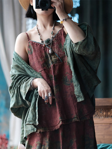 Women Summer Vintage Flower Raw-edge Linen Vest PP1005 BUYKUD