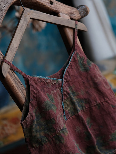 Women Summer Vintage Flower Raw-edge Linen Vest PP1005 BUYKUD