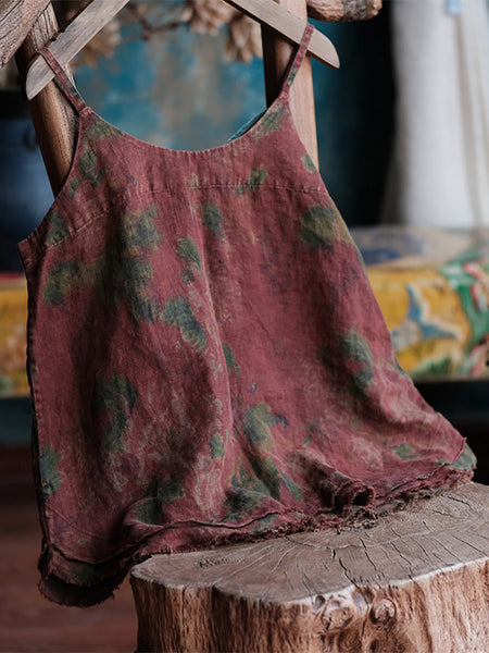 Women Summer Vintage Flower Raw-edge Linen Vest PP1005 BUYKUD