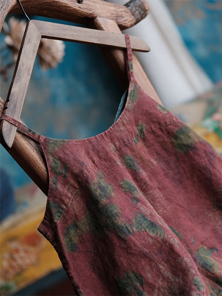 Women Summer Vintage Flower Raw-edge Linen Vest PP1005 BUYKUD