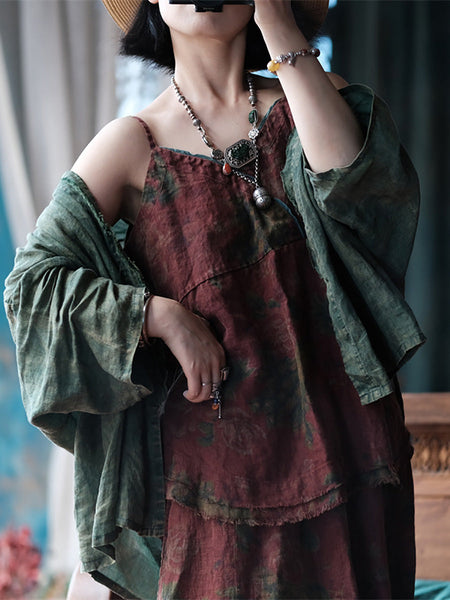 Women Summer Vintage Flower Raw-edge Linen Vest PP1005 BUYKUD