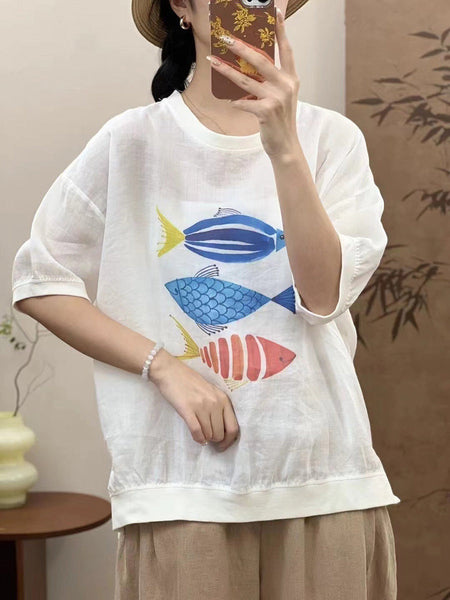 Women Summer Casual Fish Print O-Neck Ramie Shirt PP1007 ZMMM
