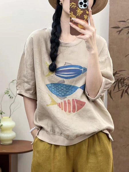 Women Summer Casual Fish Print O-Neck Ramie Shirt PP1007 ZMMM