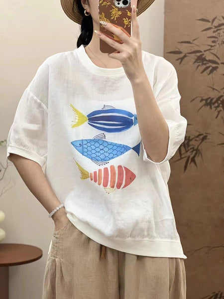 Women Summer Casual Fish Print O-Neck Ramie Shirt PP1007 ZMMM