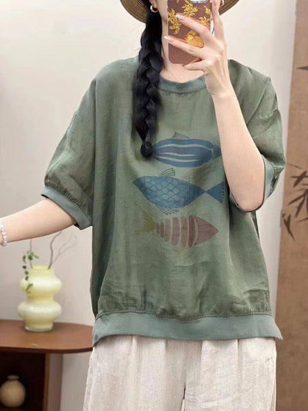 Women Summer Casual Fish Print O-Neck Ramie Shirt PP1007 ZMMM
