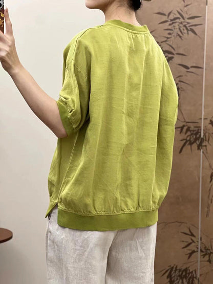 Women Summer Casual Fish Print O-Neck Ramie Shirt PP1007 ZMMM