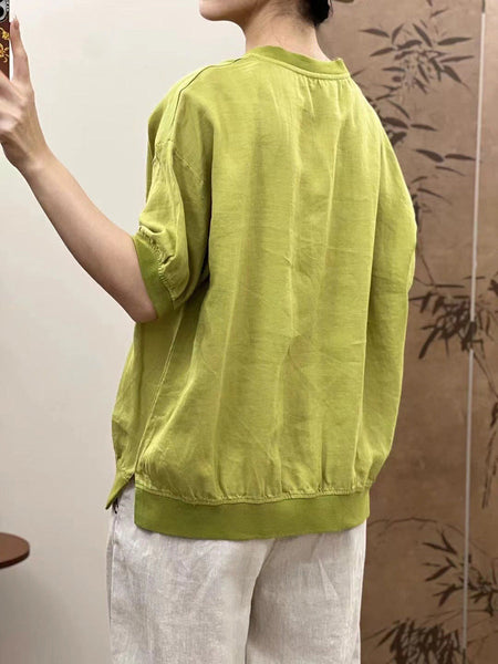 Women Summer Casual Fish Print O-Neck Ramie Shirt PP1007 ZMMM