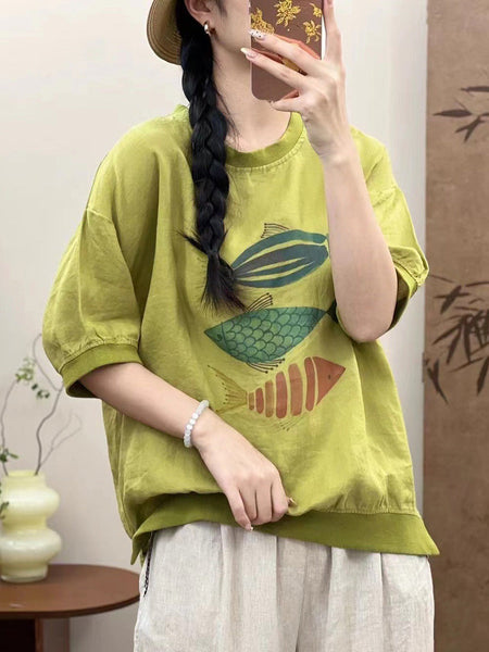 Women Summer Casual Fish Print O-Neck Ramie Shirt PP1007 ZMMM