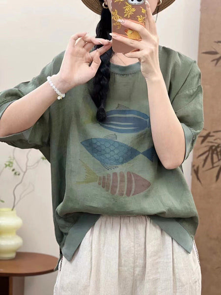 Women Summer Casual Fish Print O-Neck Ramie Shirt PP1007 ZMMM
