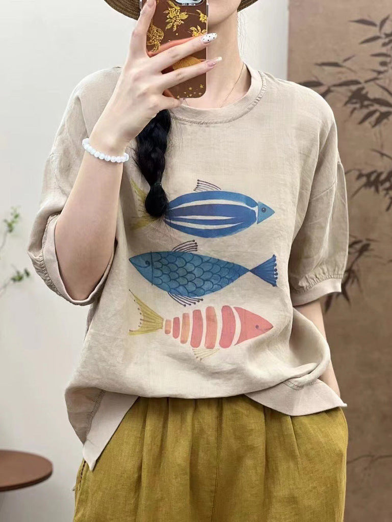 Women Summer Casual Fish Print O-Neck Ramie Shirt PP1007 ZMMM