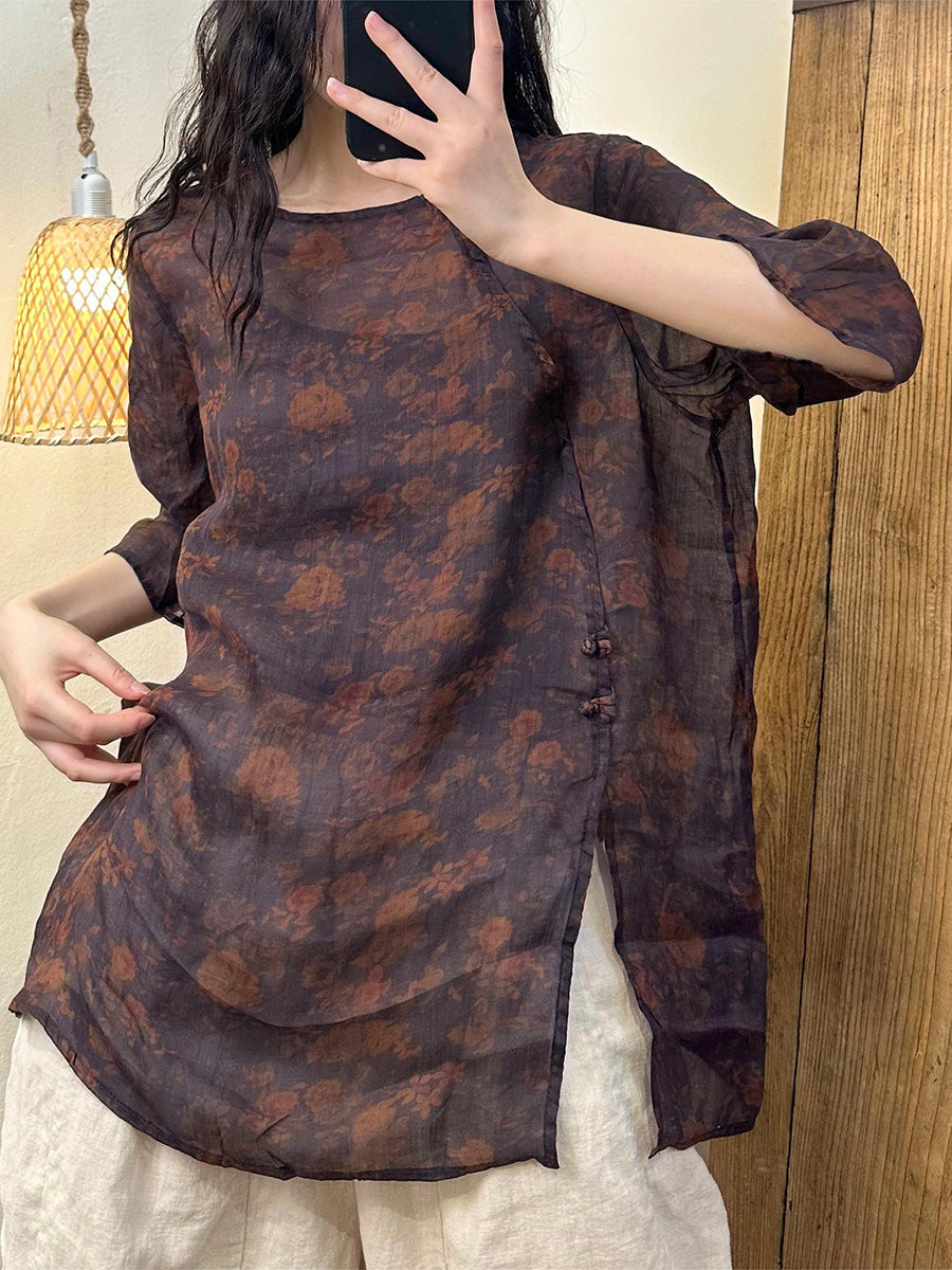 Women Summer Vintage Flower Split Hem Ramie Shirt PP1008 ZMMM