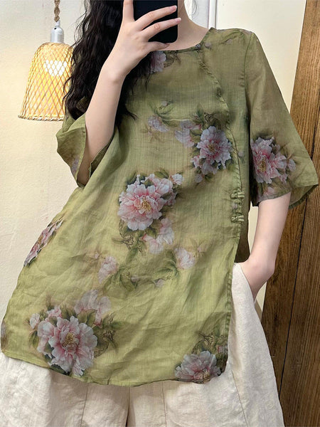 Women Summer Vintage Flower Split Hem Ramie Shirt PP1008 ZMMM