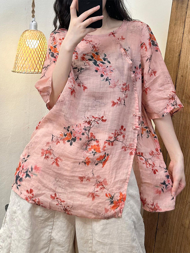 Women Summer Vintage Flower Split Hem Ramie Shirt PP1008 ZMMM