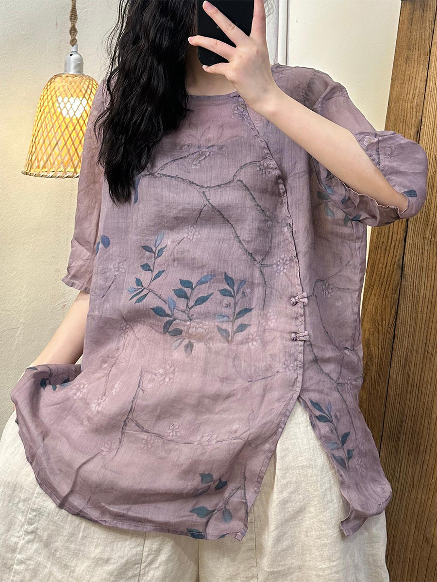 Women Summer Vintage Flower Split Hem Ramie Shirt PP1008 ZMMM