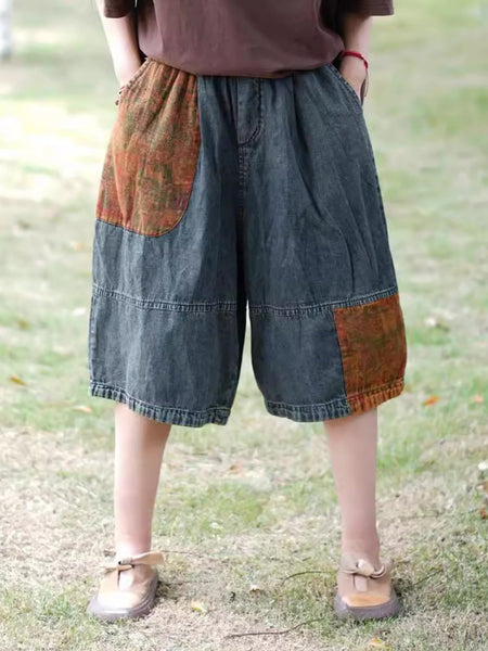 Women Summer Casual Patch Spliced Denim Fifth Pants PP1009 JPFS