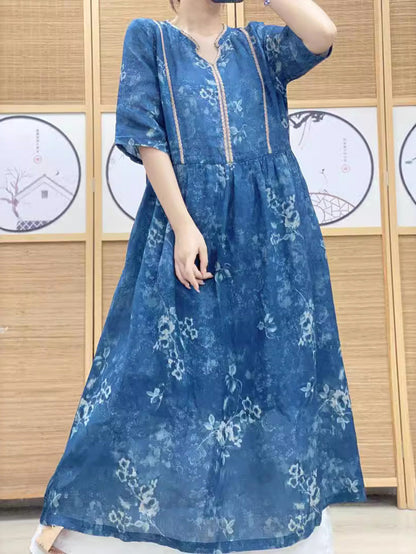 Women Summer Artsy Floral V-Neck Ramie Dress PP1010 ZSNL