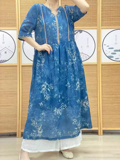 Women Summer Artsy Floral V-Neck Ramie Dress PP1010 ZSNL