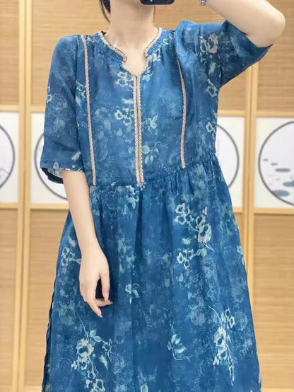 Women Summer Artsy Floral V-Neck Ramie Dress PP1010 ZSNL