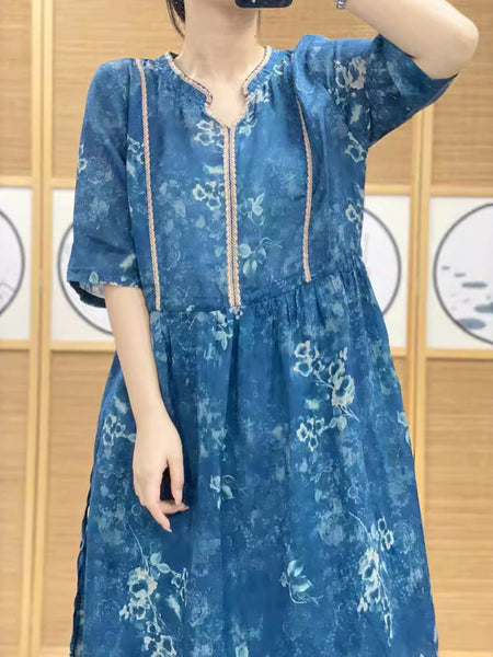 Women Summer Artsy Floral V-Neck Ramie Dress PP1010 ZSNL