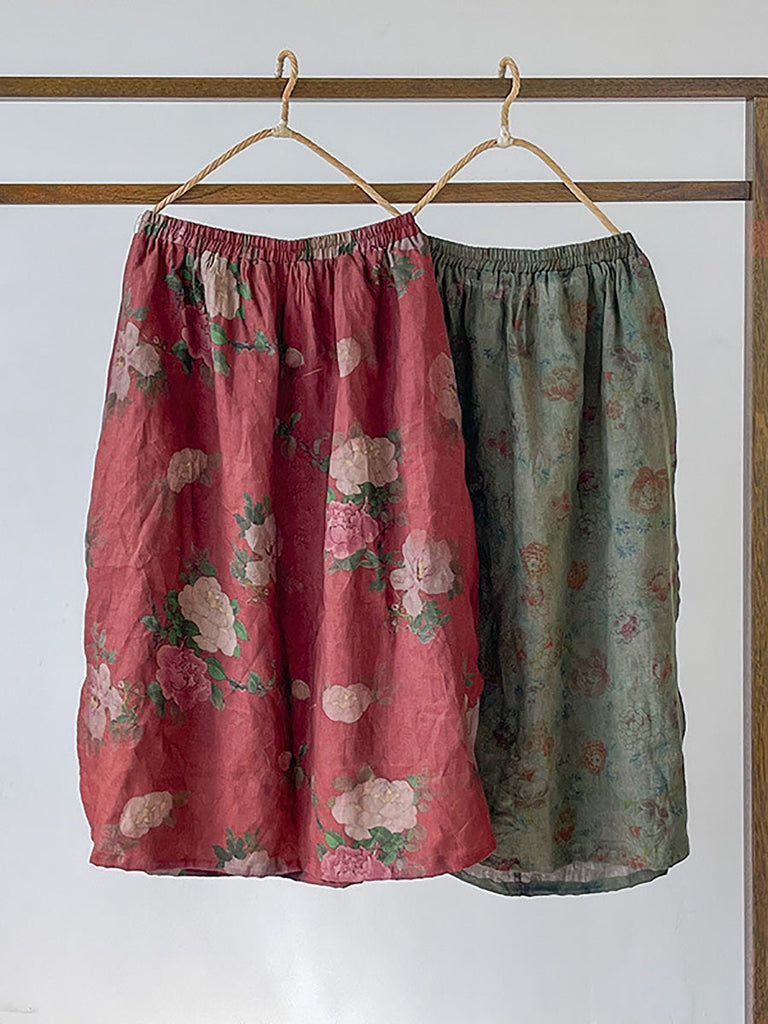 Women Summer Vintage Flower Loose Linen Skirt PP1017 YCGS