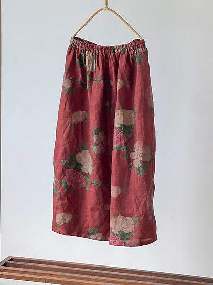 Women Summer Vintage Flower Loose Linen Skirt PP1017 YCGS