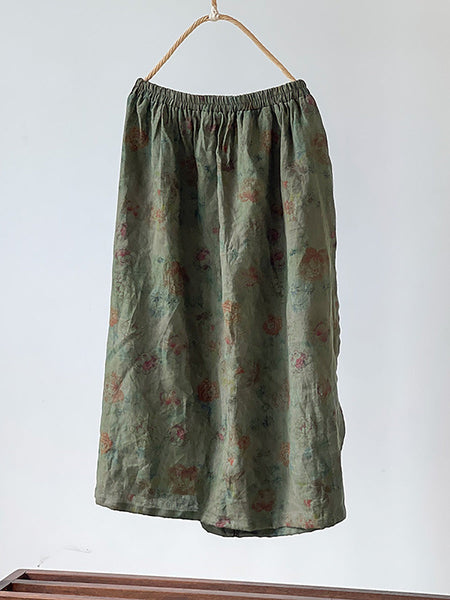 Women Summer Vintage Flower Loose Linen Skirt PP1017 YCGS