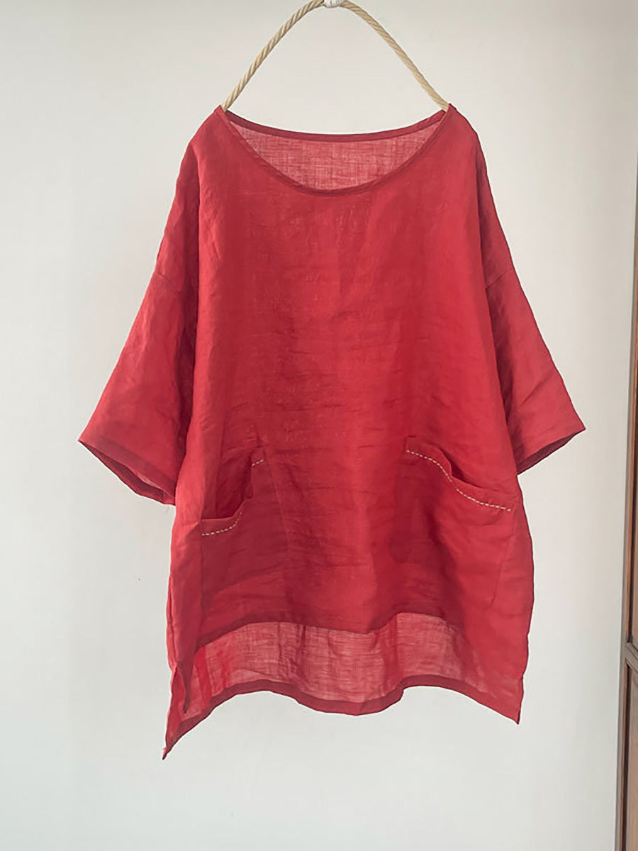 Women Summer Vintage Solid Loose Ramie Shirt PP1016 YCGS