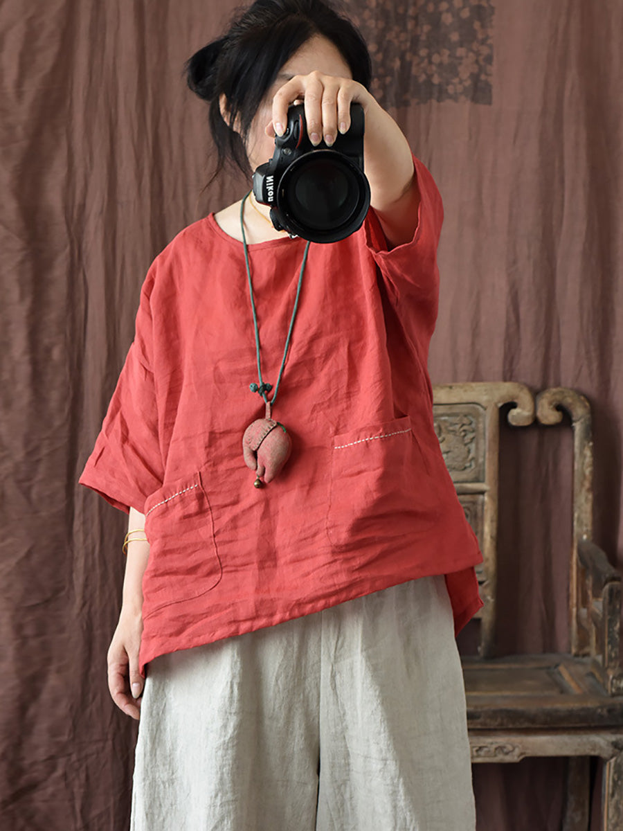 Women Summer Vintage Solid Loose Ramie Shirt PP1016 YCGS