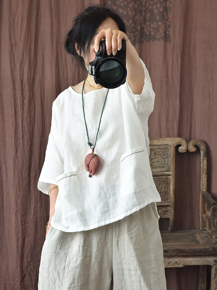 Women Summer Vintage Solid Loose Ramie Shirt PP1016 YCGS