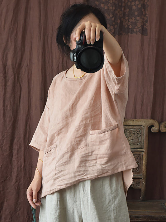 Women Summer Vintage Solid Loose Ramie Shirt PP1016 YCGS