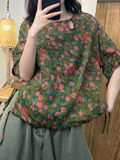 Women Summer Floral Strap O-Neck Ramie Shirt PP1015 YYL