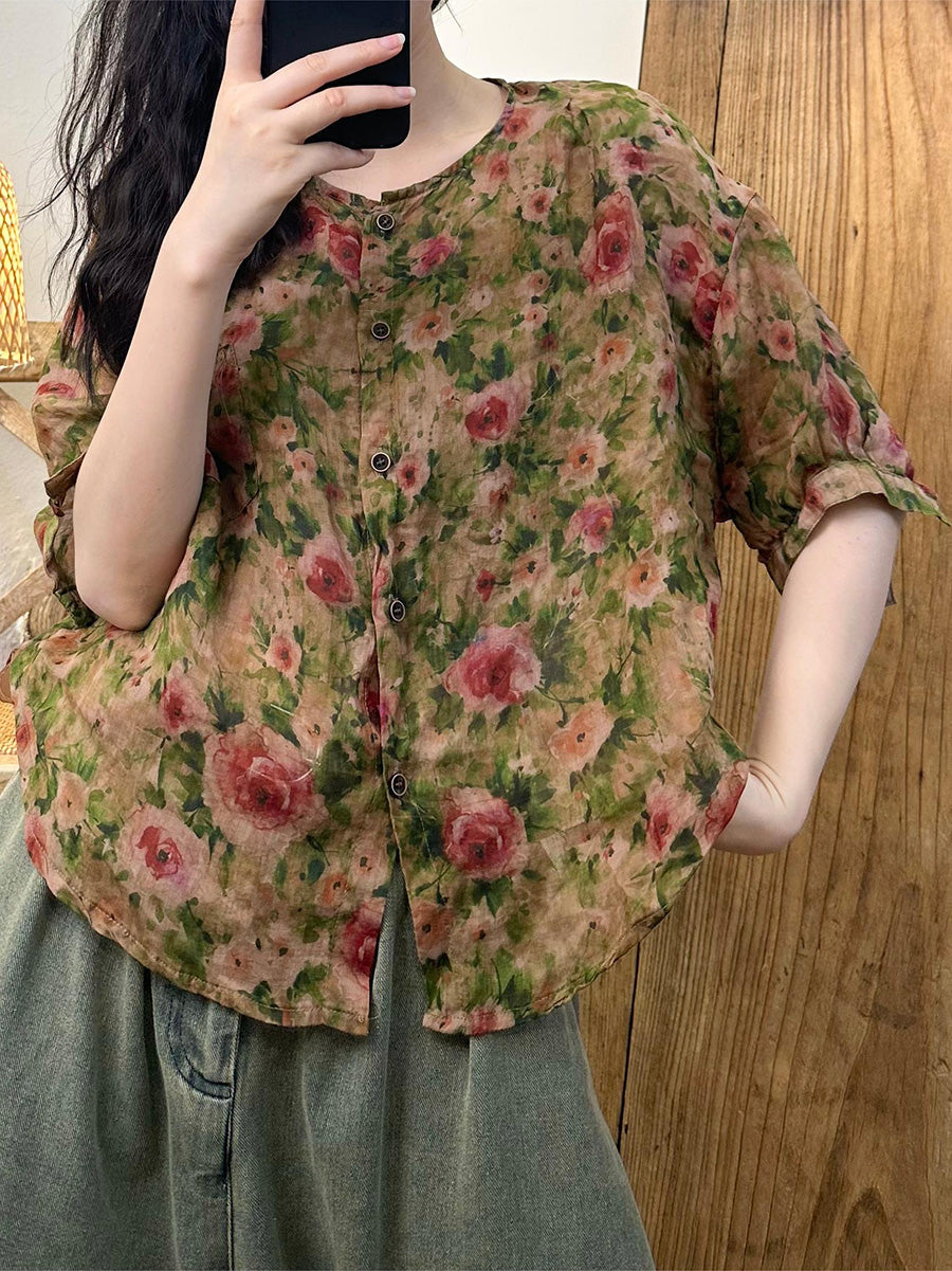 Women Summer Vintage Flower Button-up Ramie Shirt PP1019 ZMMM